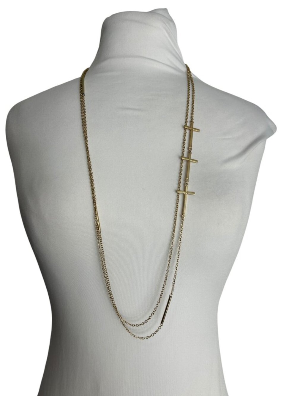 Gold Tone Cross Station Long Chain Necklace Minimalist Dainty